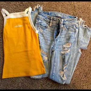 Yellow Hollister shirt and American Eagan jeans